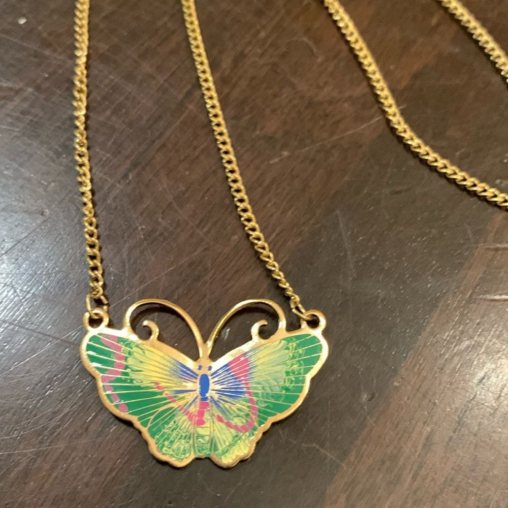 Gold-Tone Butterfly Pendant Necklace with Green Multicolor Enamel